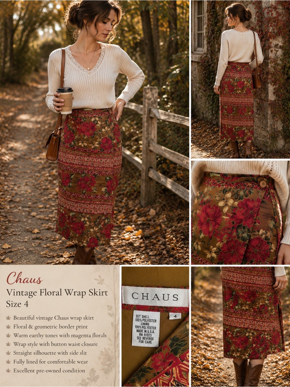Vintage Chaus Floral Wrap Maxi Skirt Boho Cottagecore Size 4